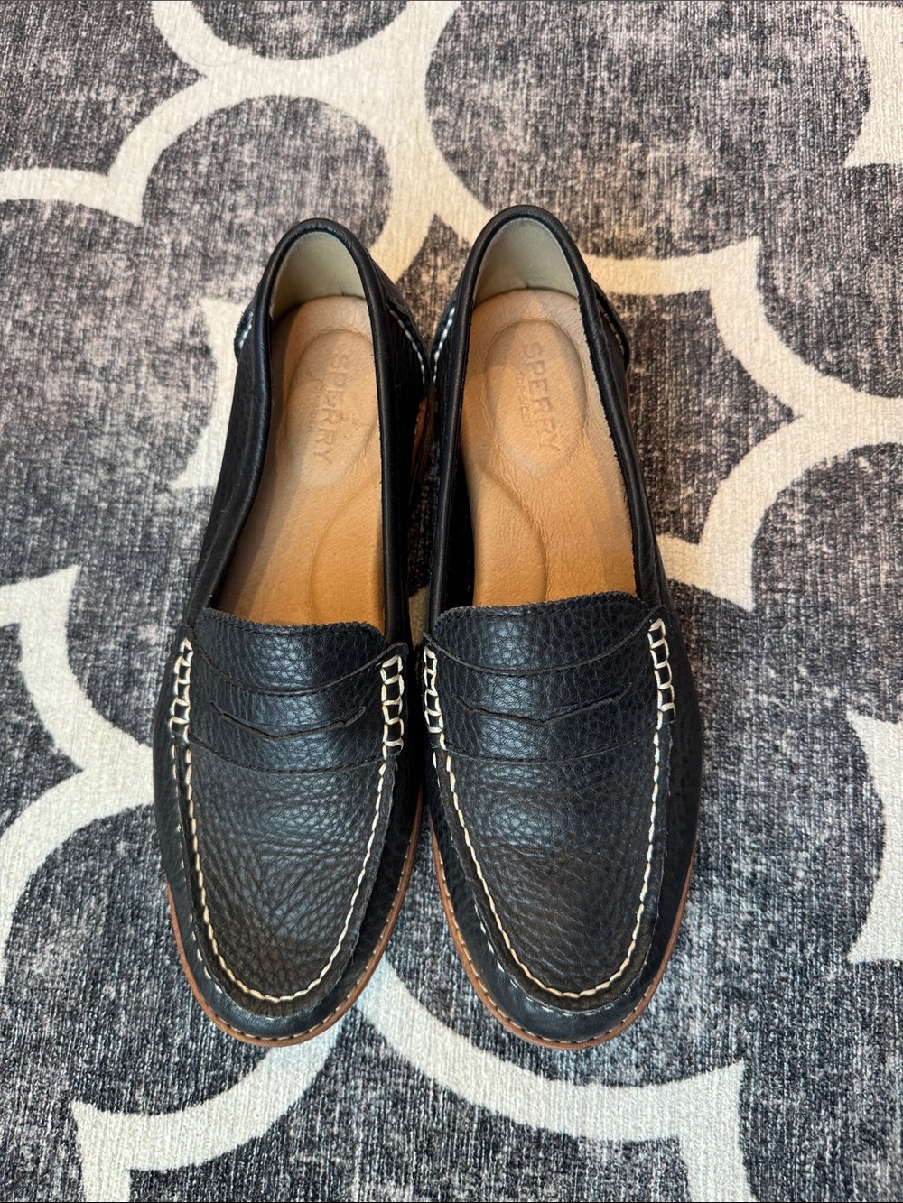 Sperry Black Pebbled Leather Penny Loafers with Contrast Stitch